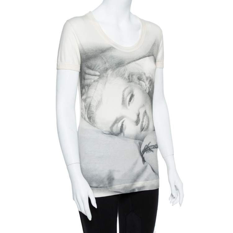 Pre Owned Dolce & Gabbana Cream Marilyn Monroe Print Cotton Jersey T-Shirt M
