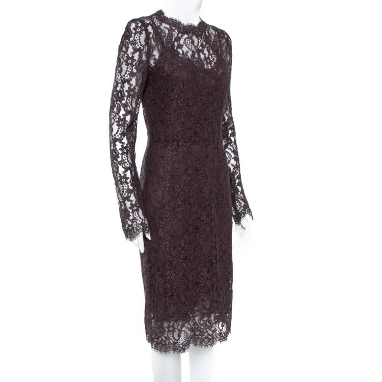 Pre Owned Dolce & Gabbana Raisin Purple Lace Overlay Sheath Dress M