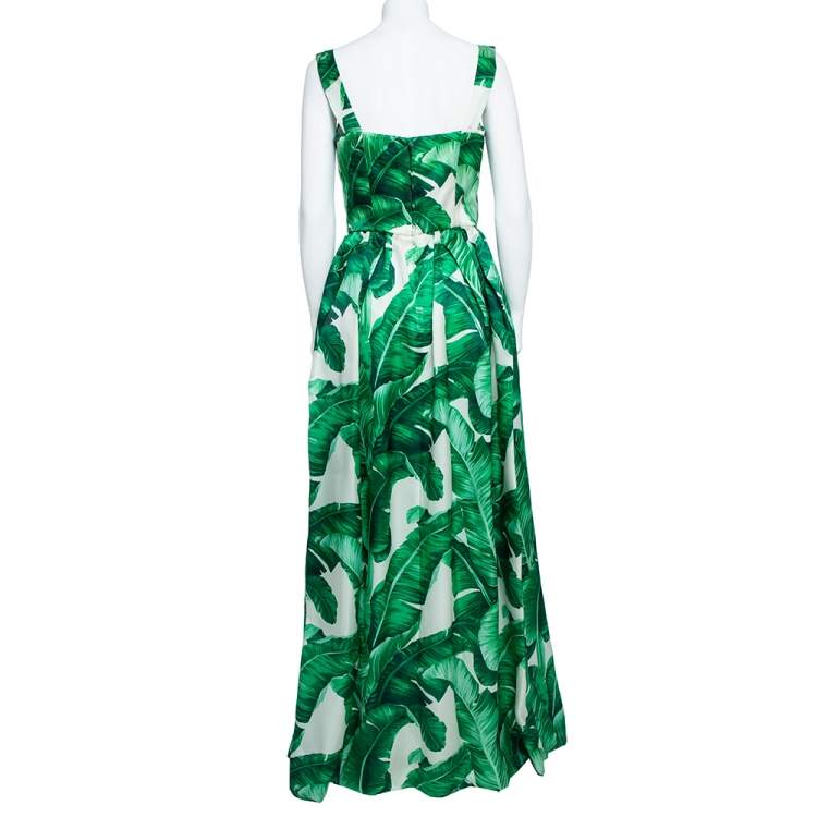 Pre Owned Dolce & Gabbana Green & White Palm Leaf Print Silk Embellished Gown M