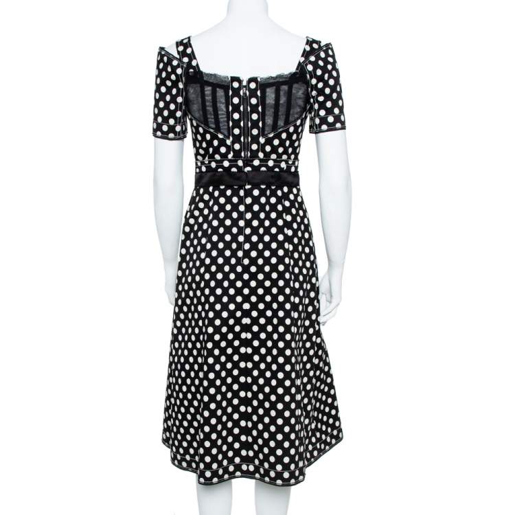 Pre Owned Dolce & Gabbana Monochrome Polka Dot Print Cotton Canvas Dress S