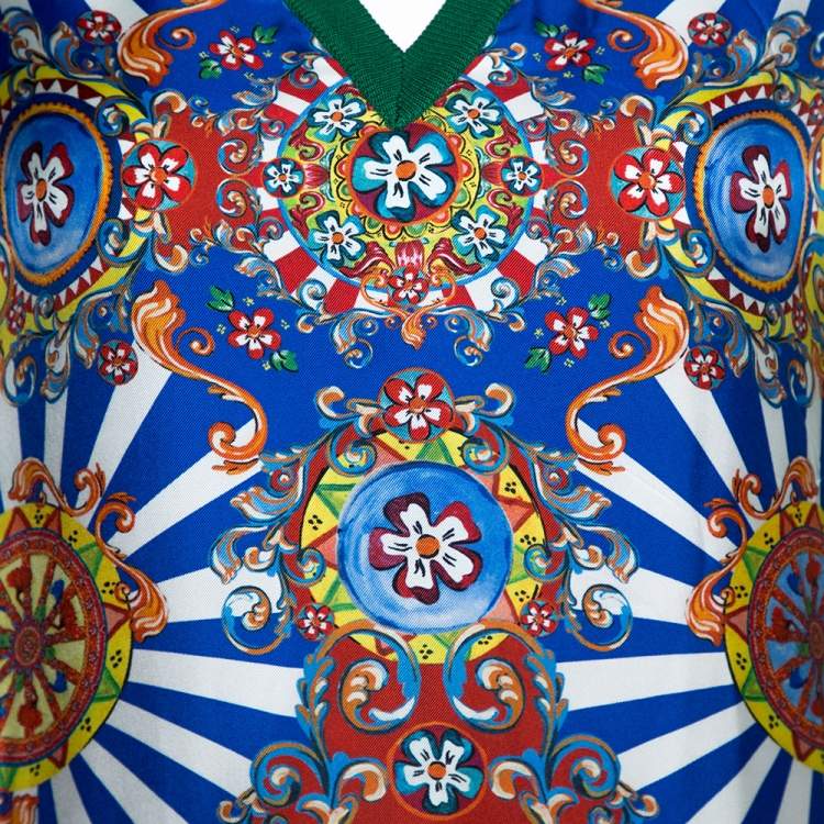 Pre Owned Dolce & Gabbana Green and Multicolor Silk Carretto Siciliano Print Jumper S
