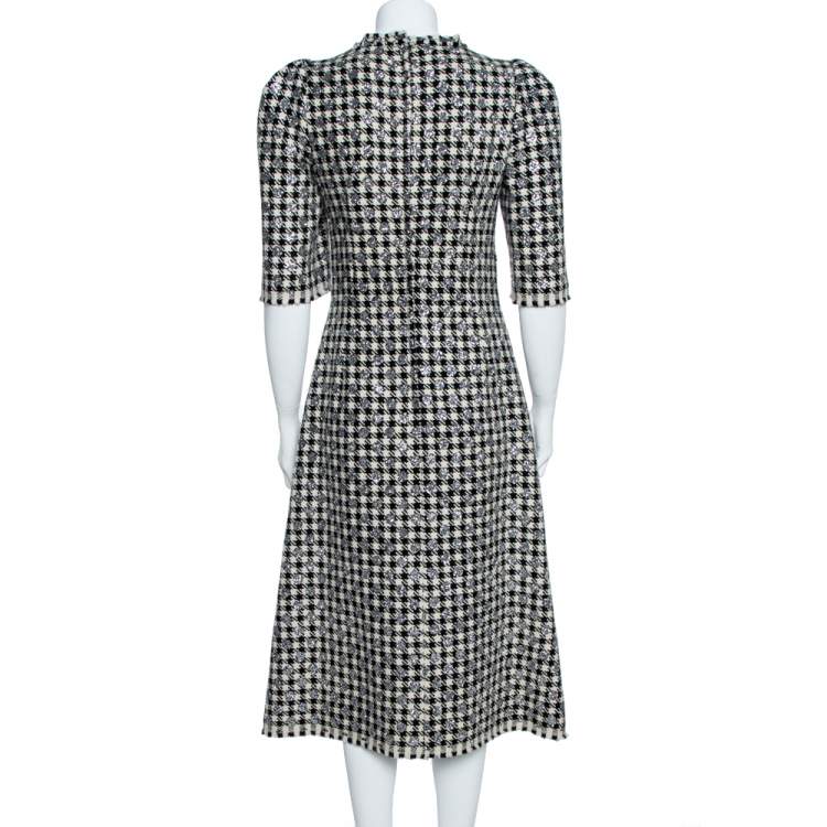 Pre Owned Dolce & Gabbana Black/White Houndstooth Tweed Blend Glitter Detail Midi Dress M