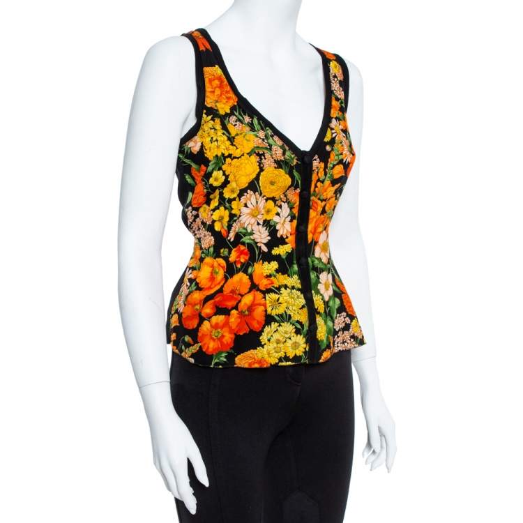 مملوكة مسبقًا Dolce & Gabbana Black Floral Print Silk & Cotton Sleeveless Top M
