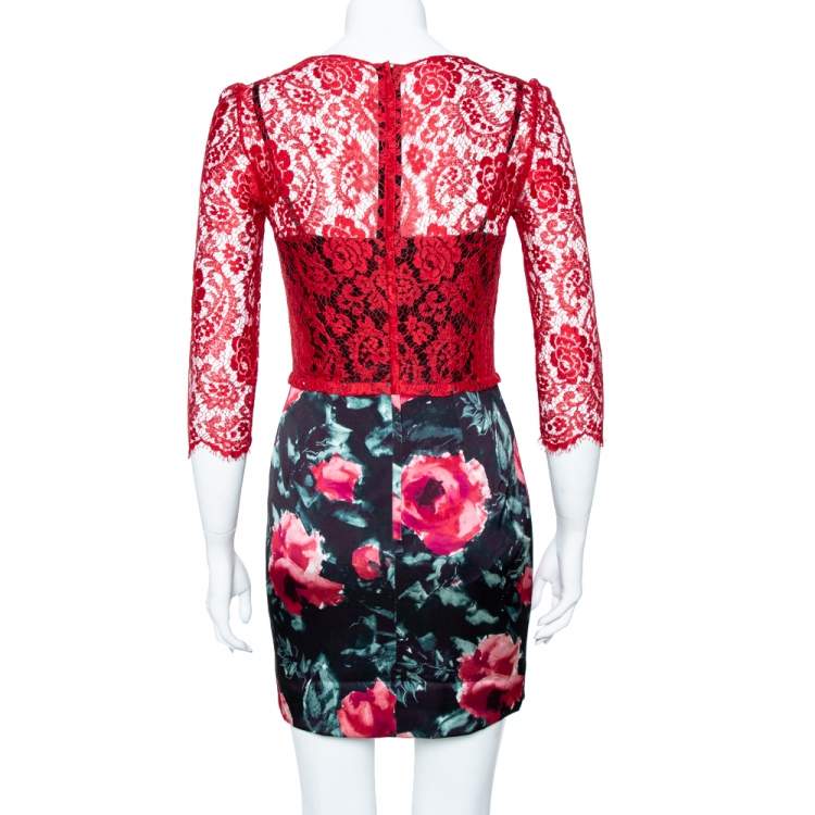 Pre Owned Dolce & Gabbana Red Lace Bodice Floral Print Sheath Dress M