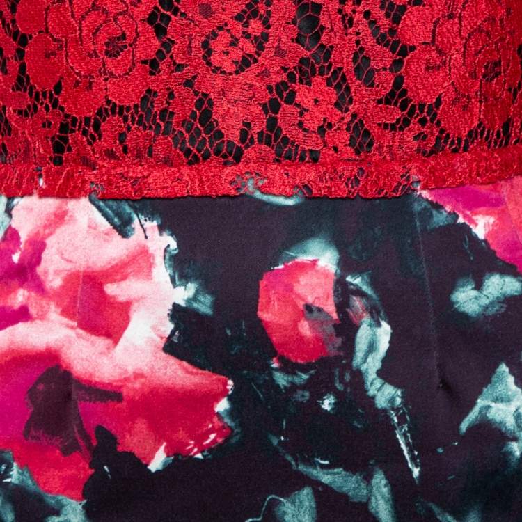 Pre Owned Dolce & Gabbana Red Lace Bodice Floral Print Sheath Dress M