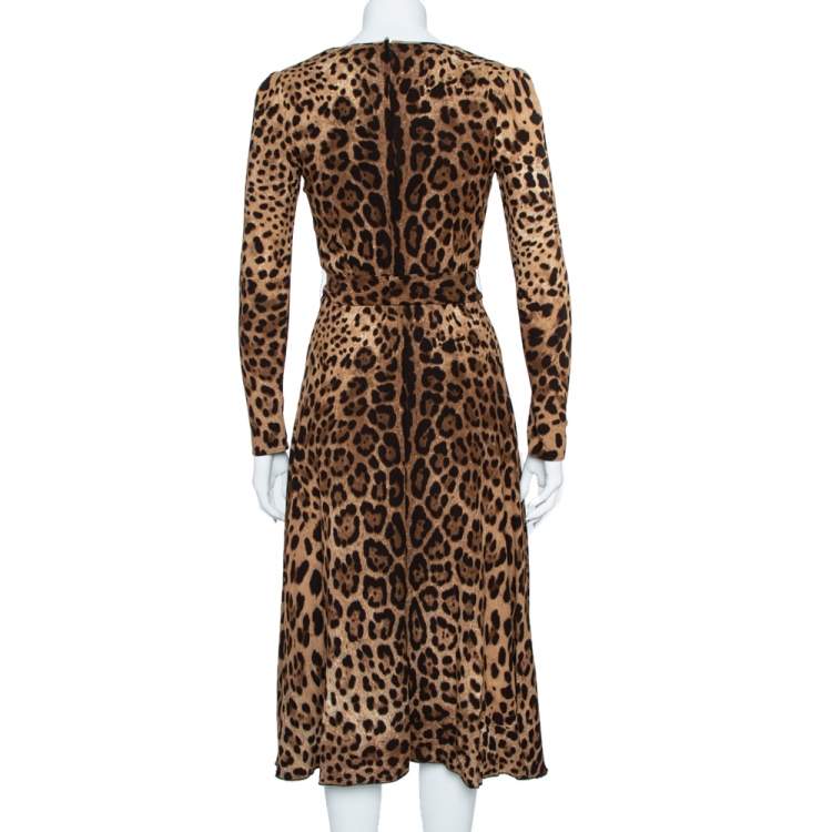Pre Owned Dolce & Gabbana Brown Leopard Print Wrap Effect Midi Dress XS