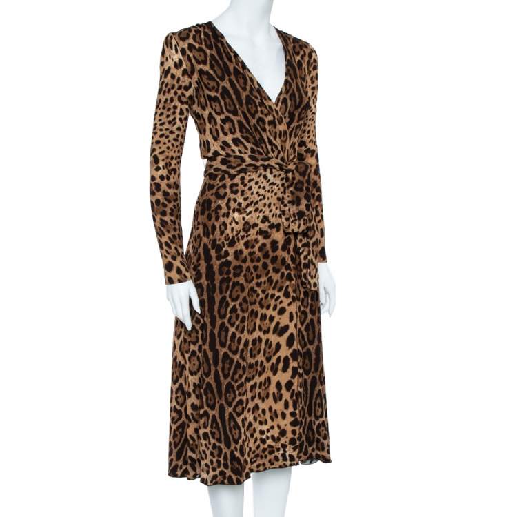 Pre Owned Dolce & Gabbana Brown Leopard Print Wrap Effect Midi Dress XS