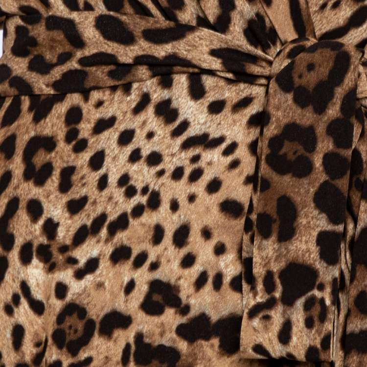 Pre Owned Dolce & Gabbana Brown Leopard Print Wrap Effect Midi Dress XS