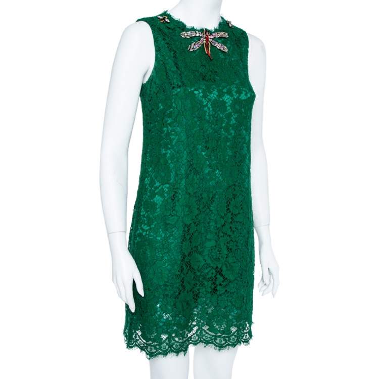 Dolce & Gabbana Green Lace Dragonfly Embellished Sleeveless Shift Dress S  Dolce & Gabbana | TLC