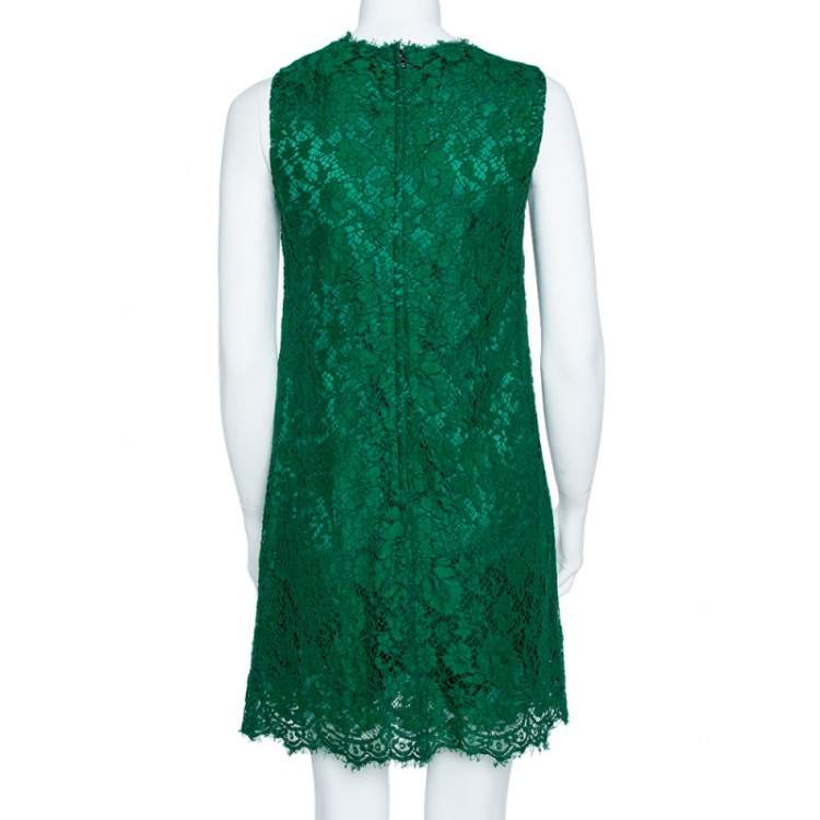 Pre Owned Dolce & Gabbana Green Lace Dragonfly Embellished Sleeveless Shift Dress S 
