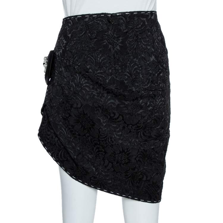 Pre Owned Dolce & Gabbana Black Brocade Crystal Bow Asymmetric Mini Skirt S