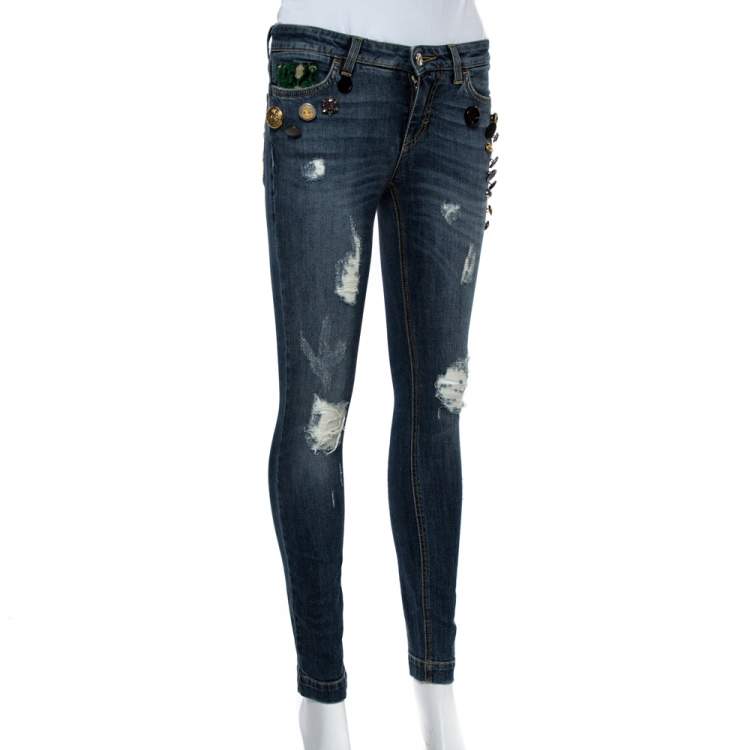 Pre Owned Dolce & Gabbana Blue Distressed Denim Button Embellished Pretty Fit Jeans S