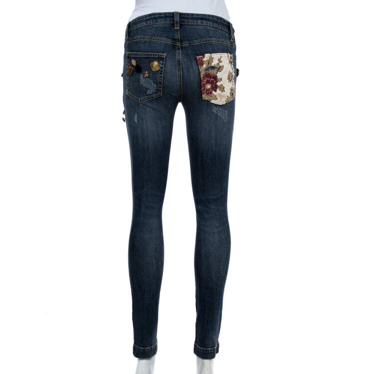 Pre Owned Dolce & Gabbana Blue Distressed Denim Button Embellished Pretty Fit Jeans S