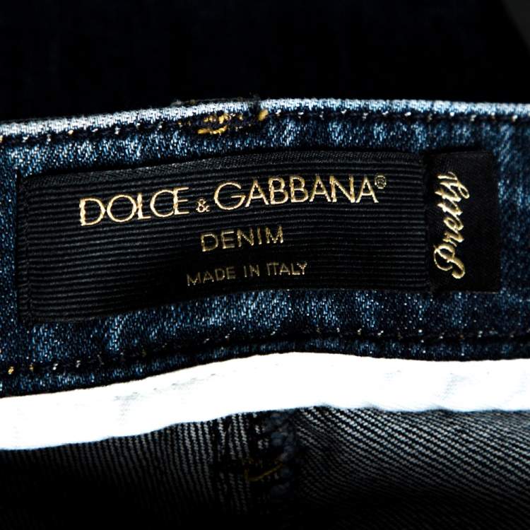Pre Owned Dolce & Gabbana Blue Distressed Denim Button Embellished Pretty Fit Jeans S