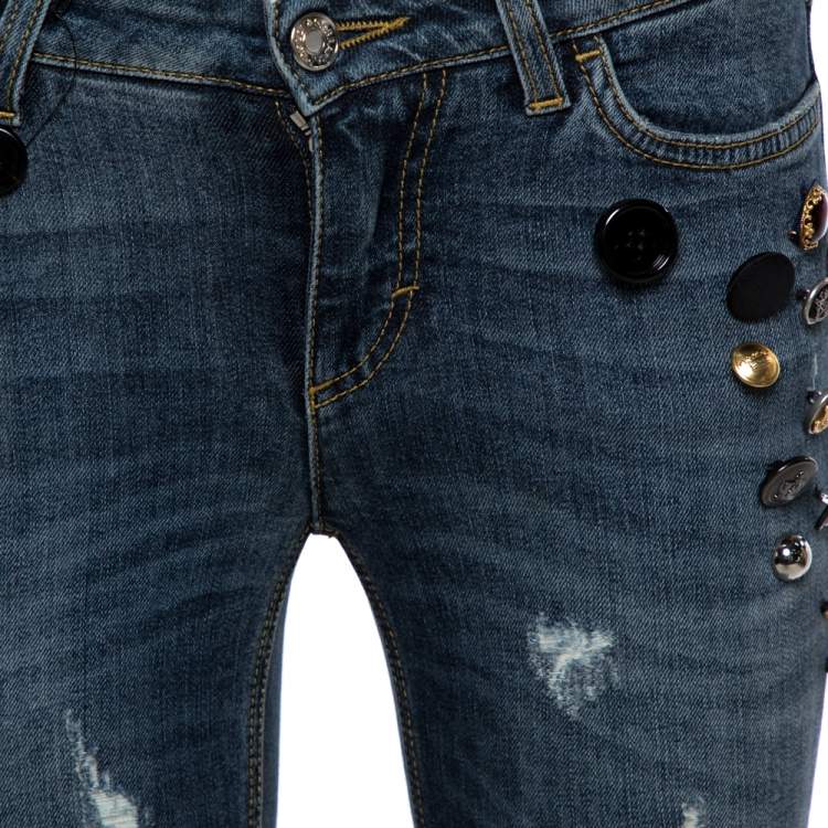 Pre Owned Dolce & Gabbana Blue Distressed Denim Button Embellished Pretty Fit Jeans S