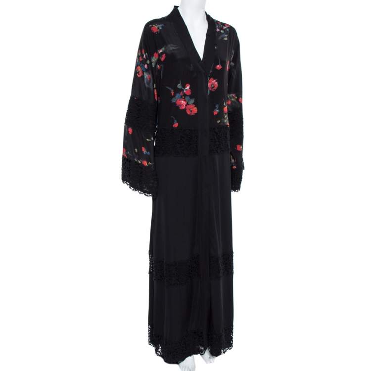 Pre Owned Dolce & Gabbana Black Floral Print Silk Lace Trim Abaya S