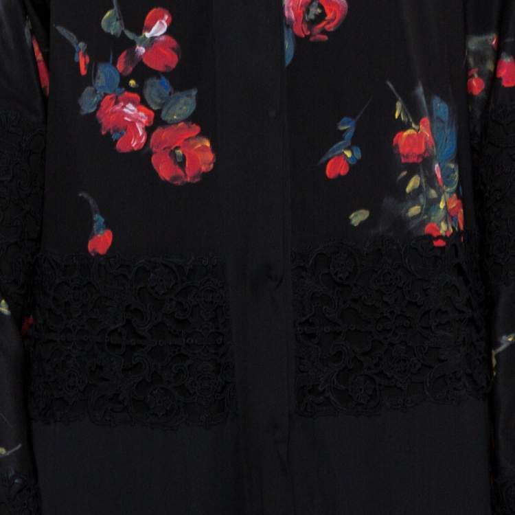 Pre Owned Dolce & Gabbana Black Floral Print Silk Lace Trim Abaya S