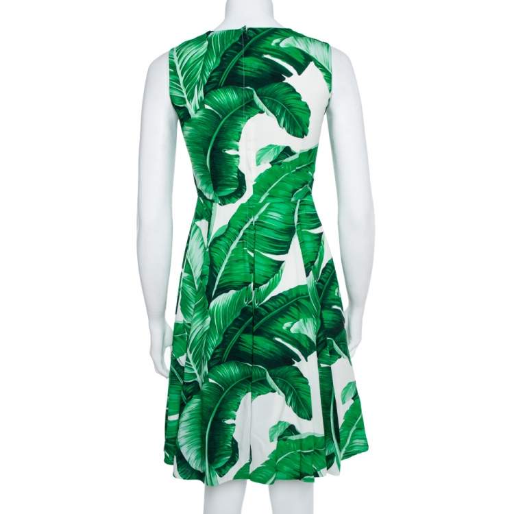 Pre Owned Dolce & Gabbana White & Green  Banana Leaf Print Libellula Detail Short Dress XS