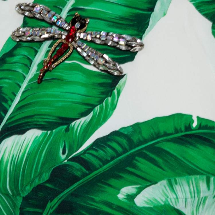 Pre Owned Dolce & Gabbana White & Green  Banana Leaf Print Libellula Detail Short Dress XS