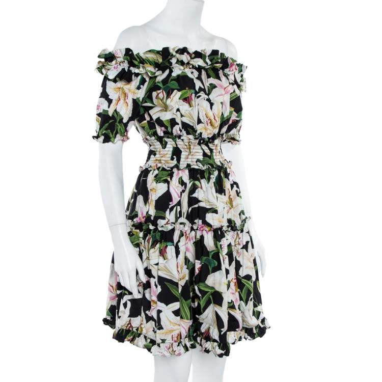 Dolce & Gabbana Cotton Lily Print Off Shoulder Dress S Dolce