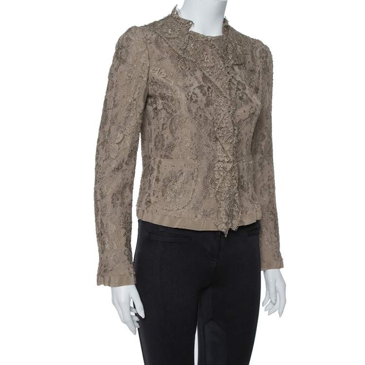 Pre Owned Dolce and Gabbana Olive Green Floral Lace Ruffle Trim Jacket S
