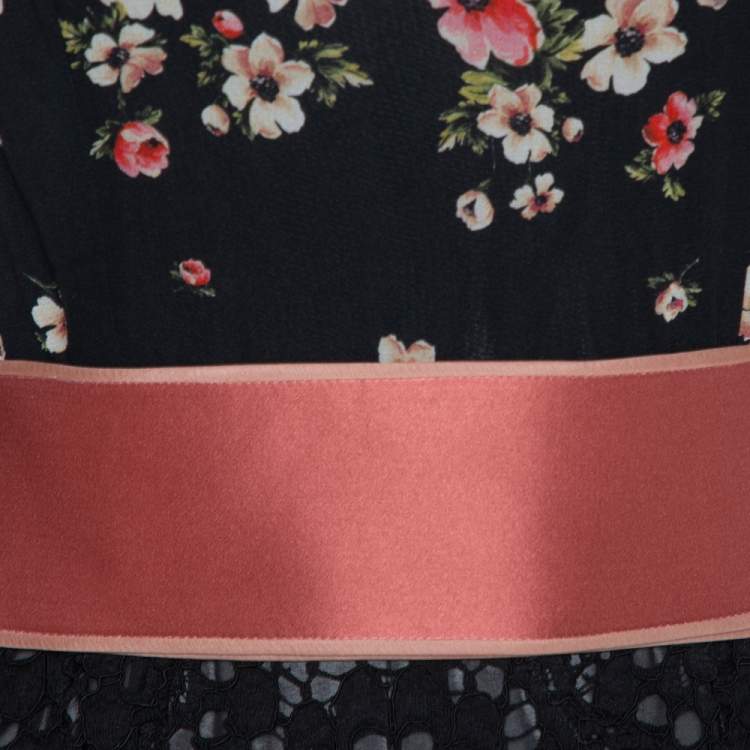مملوكة مسبقًا Dolce & Gabbana Black Floral Printed Chiffon & Lace Trim Maxi Dress M