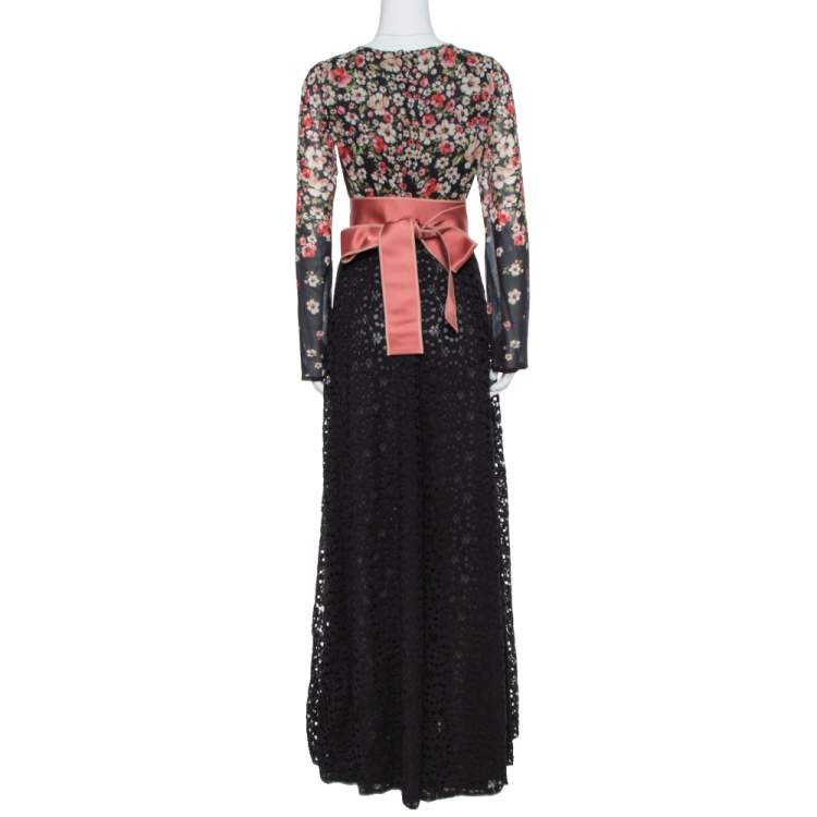 مملوكة مسبقًا Dolce & Gabbana Black Floral Printed Chiffon & Lace Trim Maxi Dress M