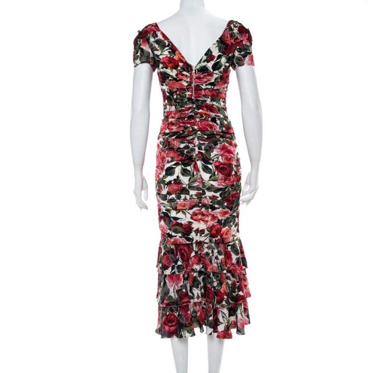 Pre Owned Dolce & Gabbana Multicolor Floral Printed Silk Crepe Ruched Midi Dress S