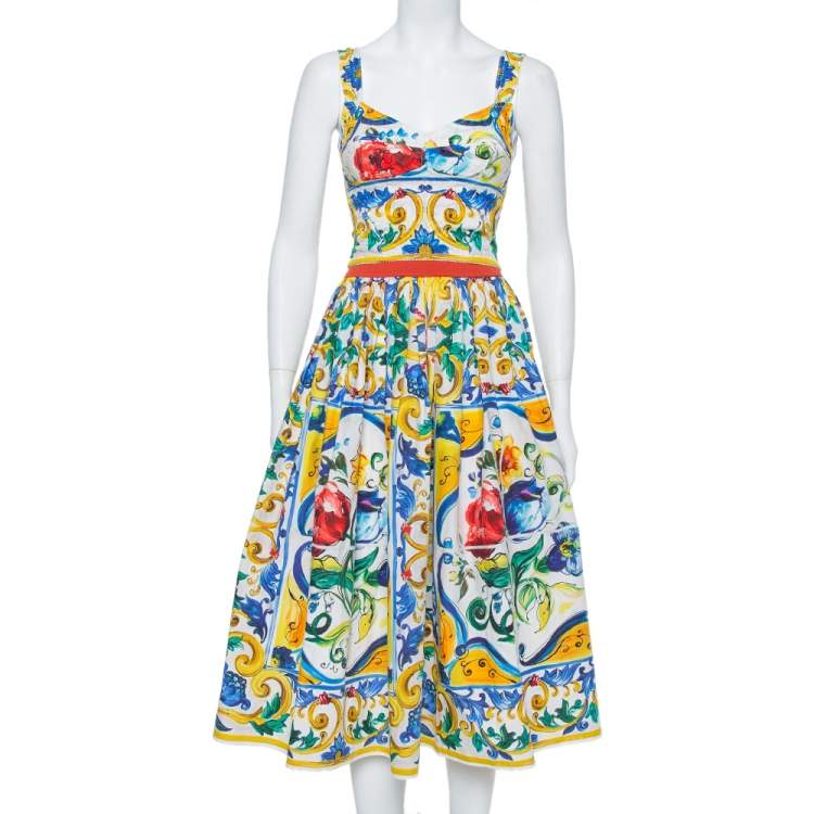Pre Owned Dolce & Gabbana Multicolor Floral Printed Cotton Corset Crop Top & Skirt S