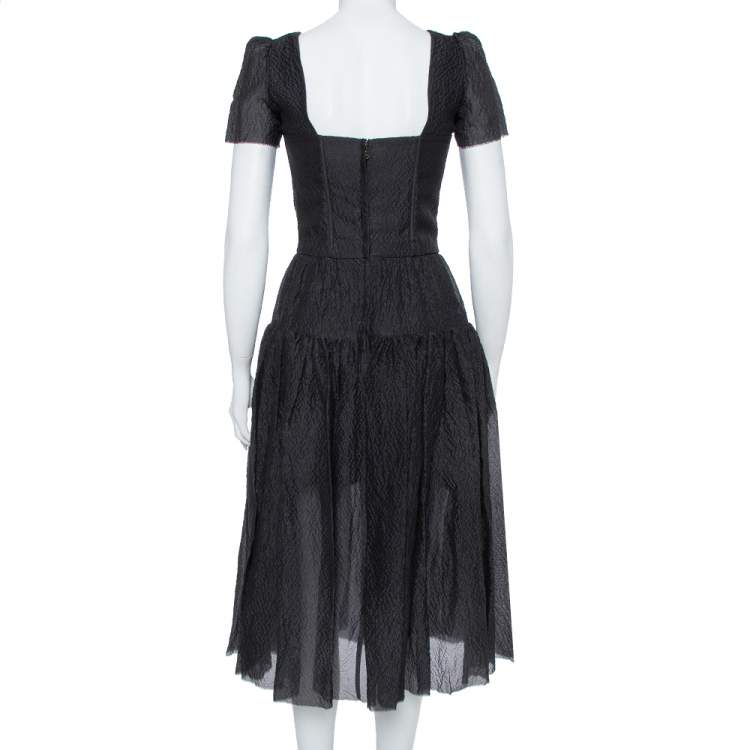 Pre Owned Dolce & Gabbana Black Textured Silk Corset Detail Flared Midi Dress S
