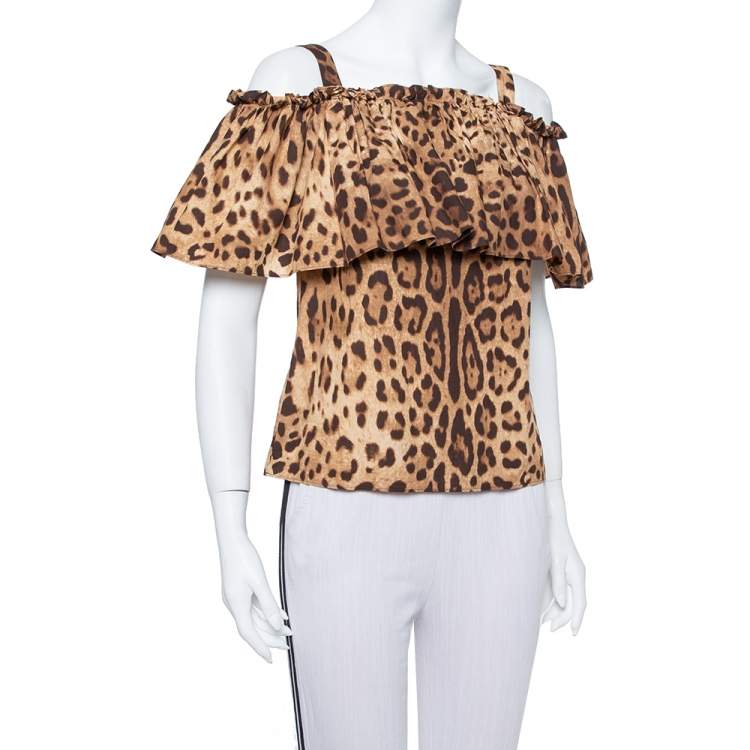 Pre Owned Dolce & Gabbana Brown Leopard Print Cotton Off Shoulder Blouse XS