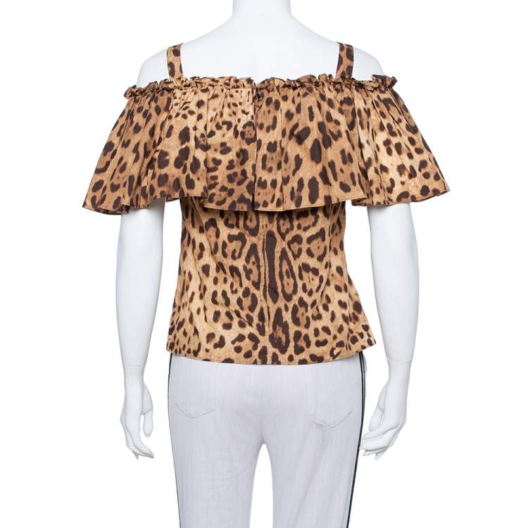 Pre Owned Dolce & Gabbana Brown Leopard Print Cotton Off Shoulder Blouse XS
