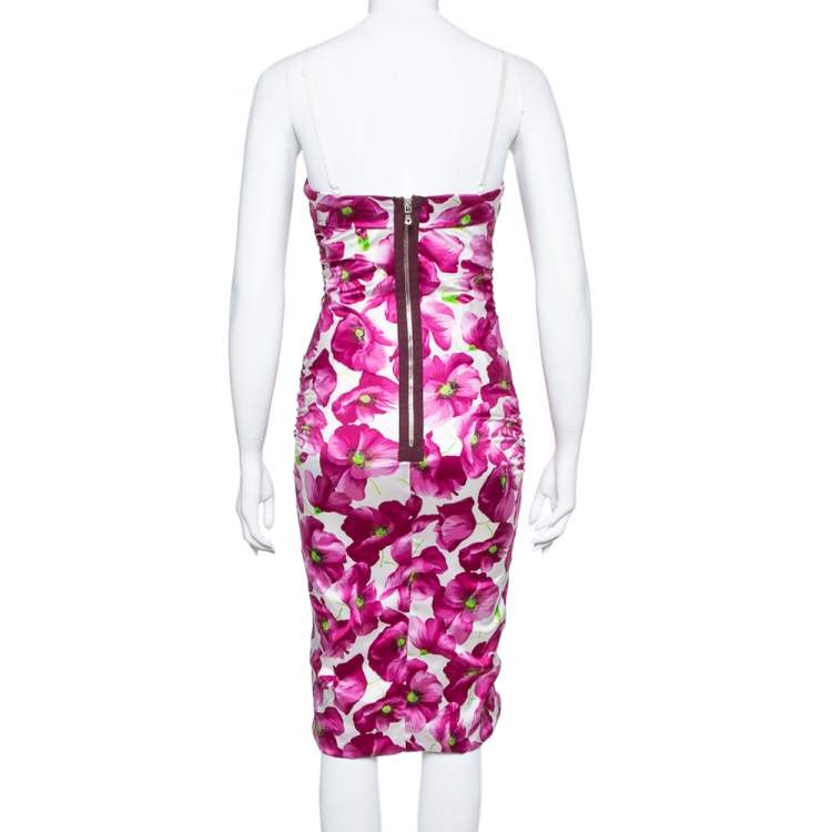 Pre Owned Dolce & Gabbana Purple Floral Printed Silk Satin Ruched Midi Dress M