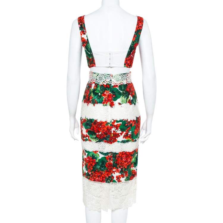 Pre Owned Dolce & Gabbana Hydrangea Printed Crepe & Paneled Lace Cropped Top & Skirt Set S