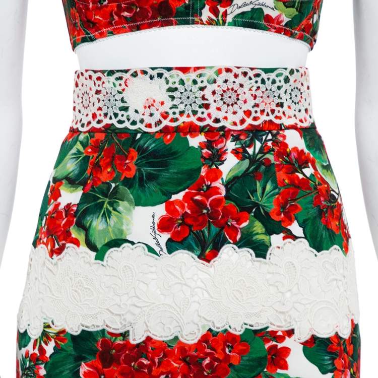 Pre Owned Dolce & Gabbana Hydrangea Printed Crepe & Paneled Lace Cropped Top & Skirt Set S
