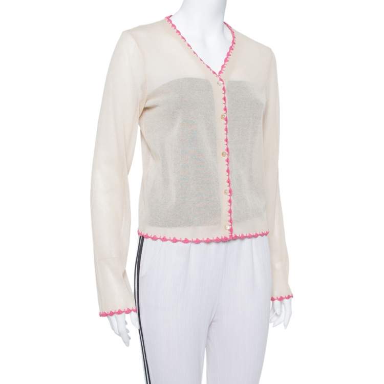 مملوكة مسبقًا Dolce & Gabbana Vintage Beige Knit Contrast Trim Crochet Button Front Cardigan L