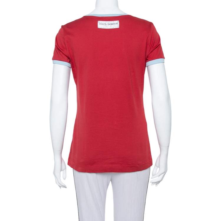 مملوكة مسبقًا Dolce & Gabbana Red Logo Printed Cotton Contrast Detail T Shirt S