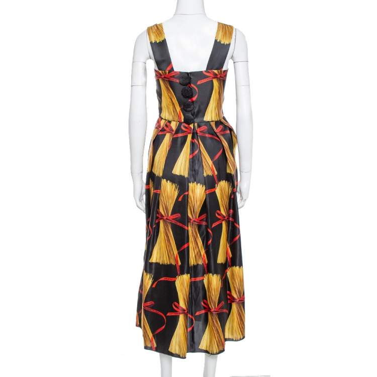 Pre Owned Dolce & Gabbana Black Spaghetti Printed Silk Organza Midi Dress M