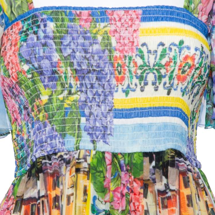 Pre Owned Dolce & Gabbana Multicolor Floral Printed Chiffon Smocked Detail Maxi Dress M