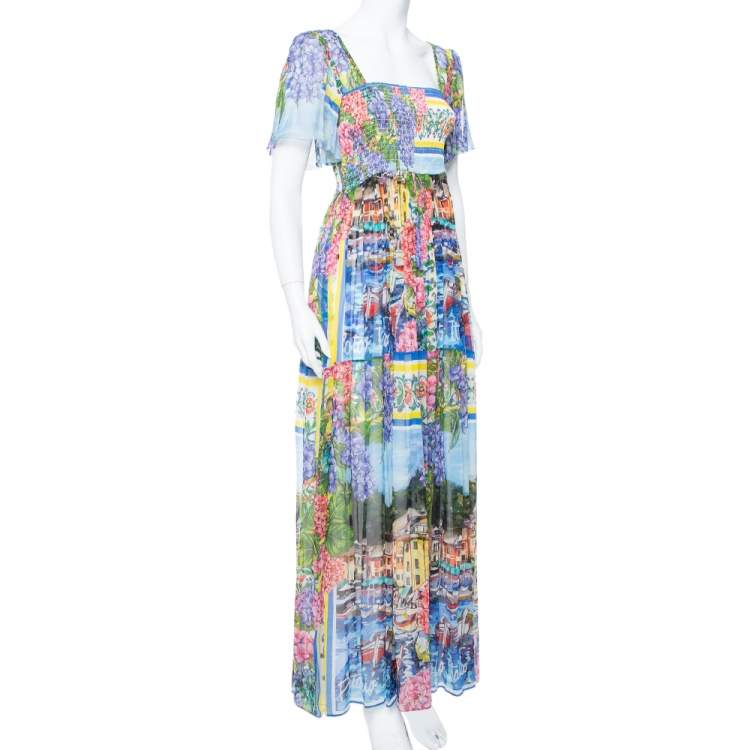 Pre Owned Dolce & Gabbana Multicolor Floral Printed Chiffon Smocked Detail Maxi Dress M