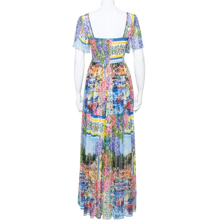 Pre Owned Dolce & Gabbana Multicolor Floral Printed Chiffon Smocked Detail Maxi Dress M