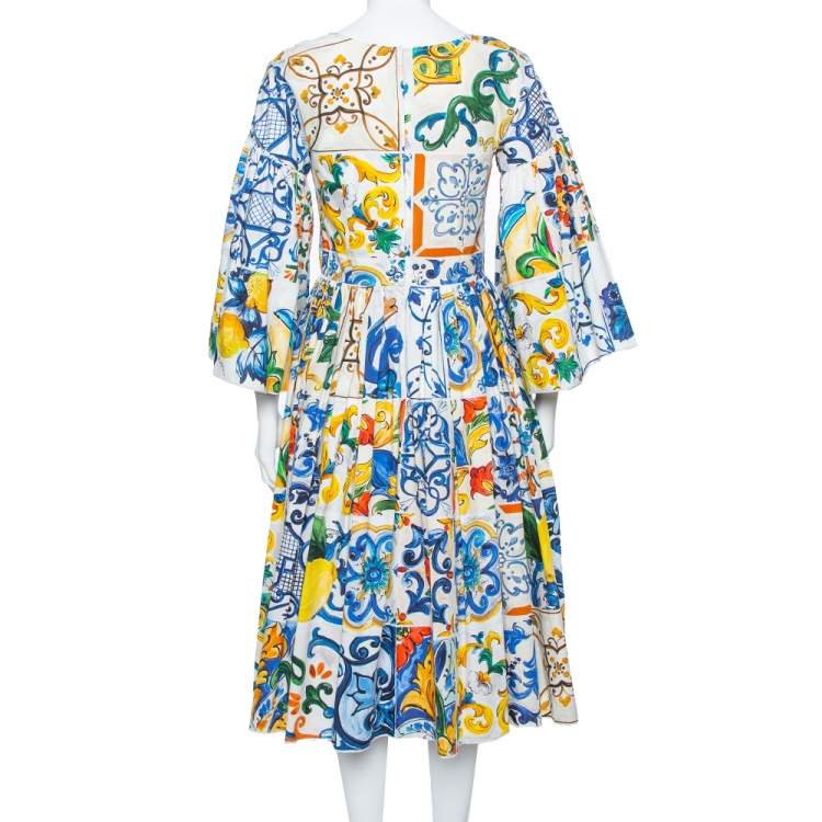 Pre Owned Dolce & Gabbana Multicolor Majolica Printed Cotton Flared Midi Dress S