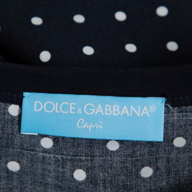 Pre Owned Dolce & Gabbana Capri Navy Blue Cotton Multiprint Crewneck Boxy Top S