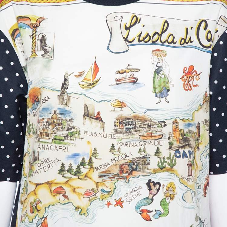 Pre Owned Dolce & Gabbana Capri Navy Blue Cotton Multiprint Crewneck Boxy Top S