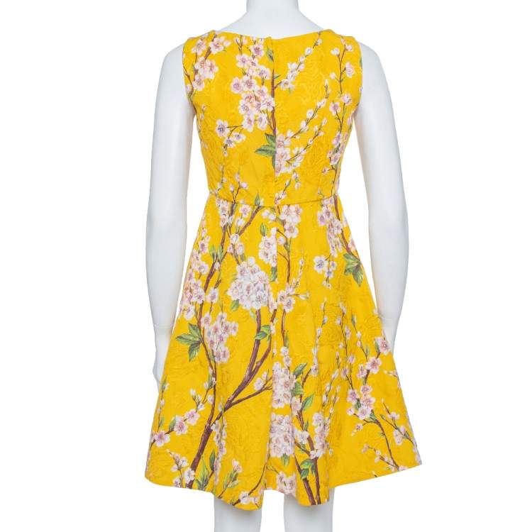 Pre Owned Dolce & Gabbana Yellow Floral Jacquard Sleeveless Flared Midi Dress S