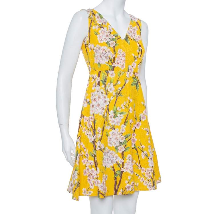 Pre Owned Dolce & Gabbana Yellow Floral Jacquard Sleeveless Flared Midi Dress S