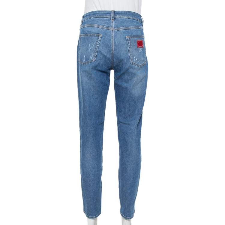 Pre Owned Dolce & Gabbana Blue Denim Faded Skinny Distressed Pretty Jeans L