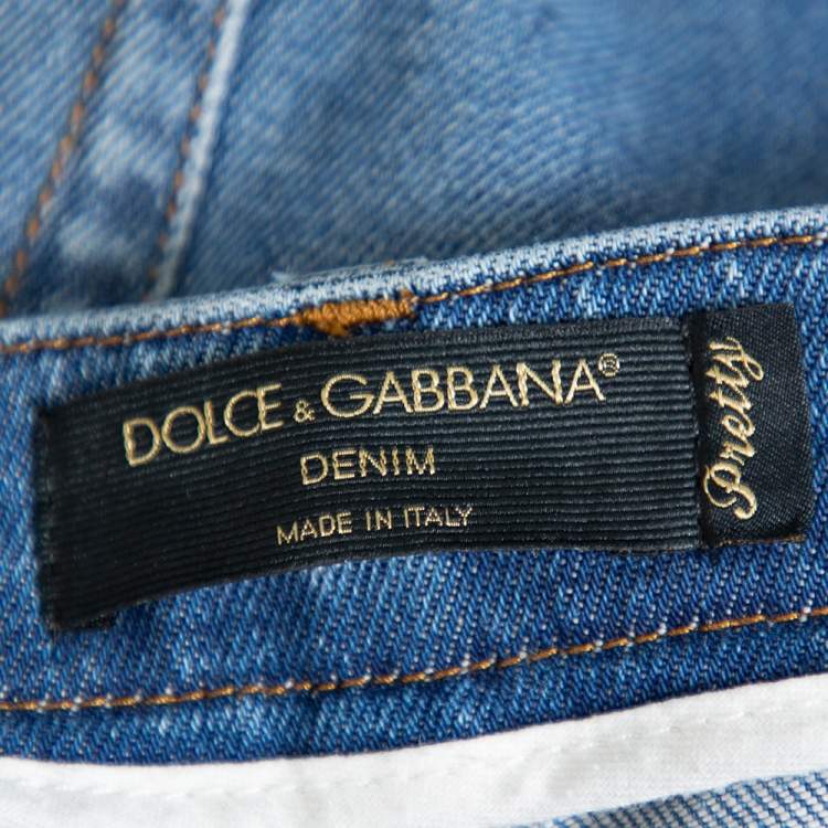 Pre Owned Dolce & Gabbana Blue Denim Faded Skinny Distressed Pretty Jeans L