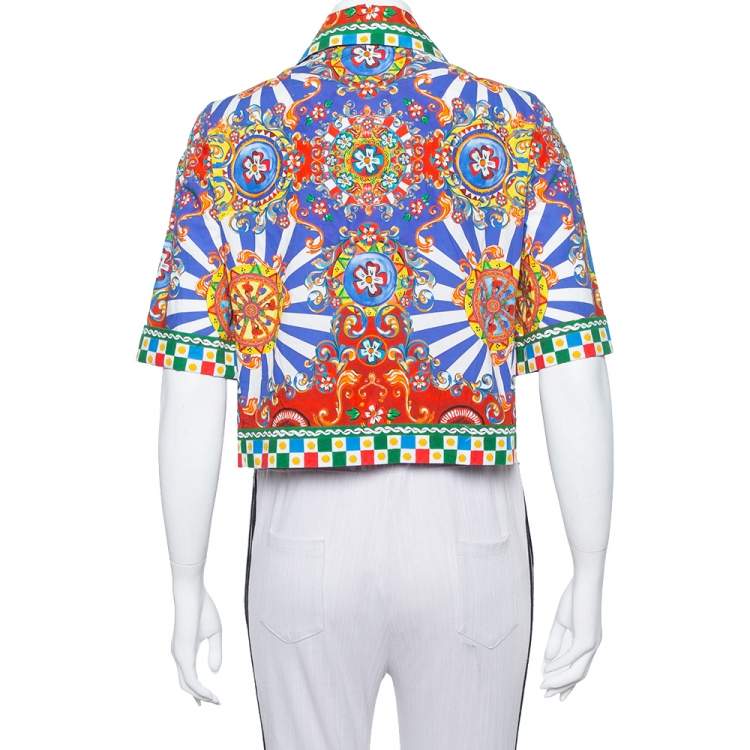 Pre Owned Dolce & Gabbana Multicolor Carretto Siciliano Print Cotton Cropped Shirt M