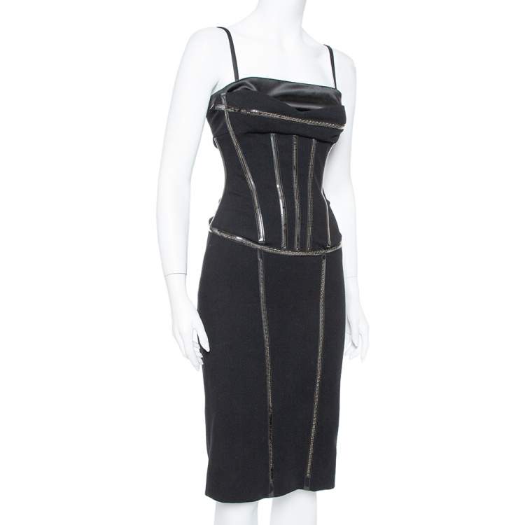 Pre Owned Dolce & Gabbana Black Corset Detail Wool Midi Dress S